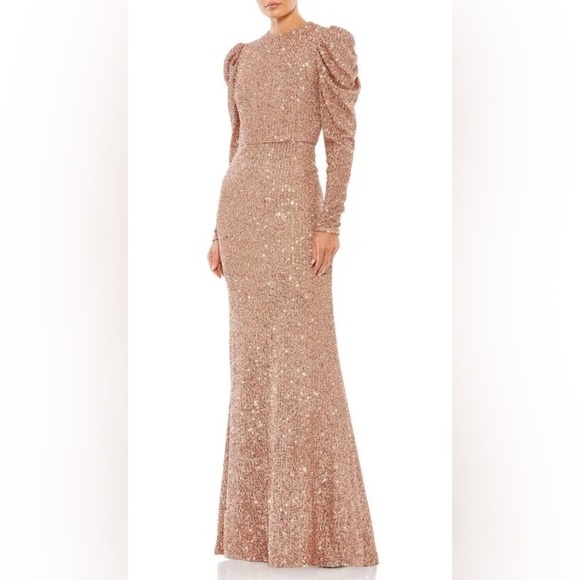 Mac Duggal High Neck Puff Sleeve Copper Evening Gown - Picture 11 of 12